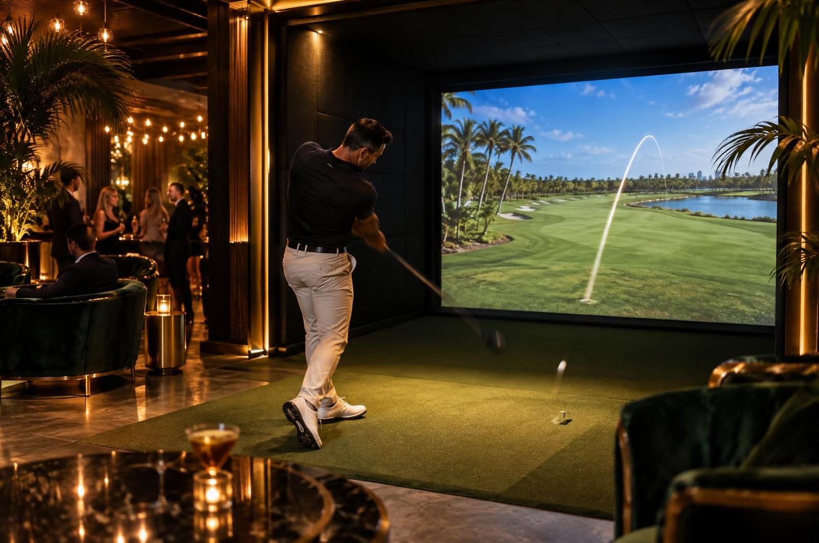 A golfer at the moment of impact inside the simulator enclosure